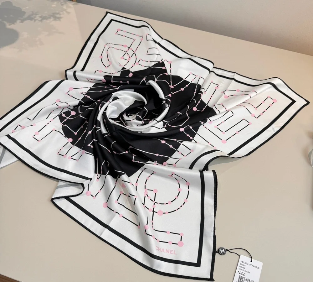 Chanel Graphic Line Silk Scarf (Black, White & Pink)